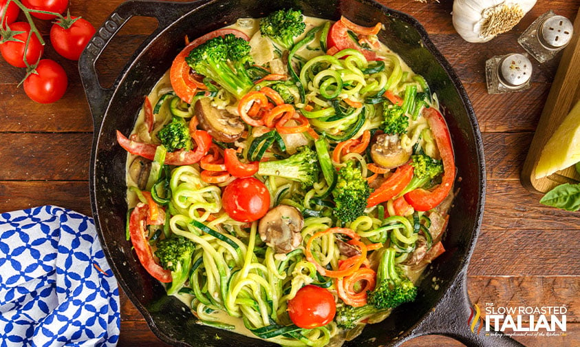 healthy pasta primavera in cast iron skillet