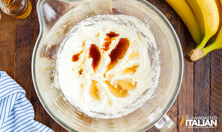 mixing ingredients for banana rum cake recipe.