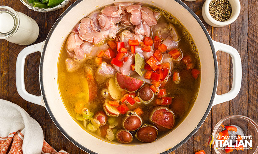 adding chicken to stew.