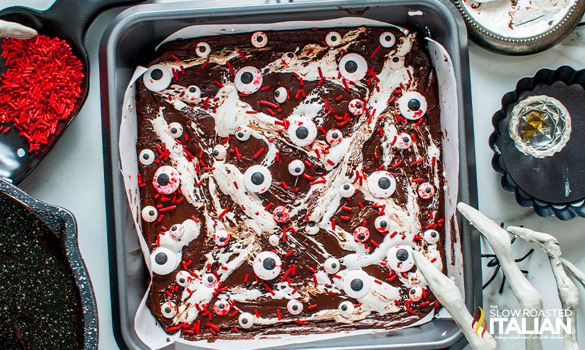pan of fudge with sprinkles and candy eyeballs.