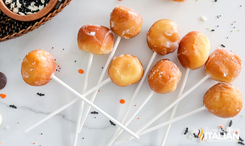 donut hole cake pops ready to be dipped.