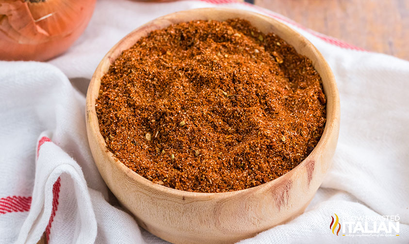 homemade fajita seasoning in wooden bowl