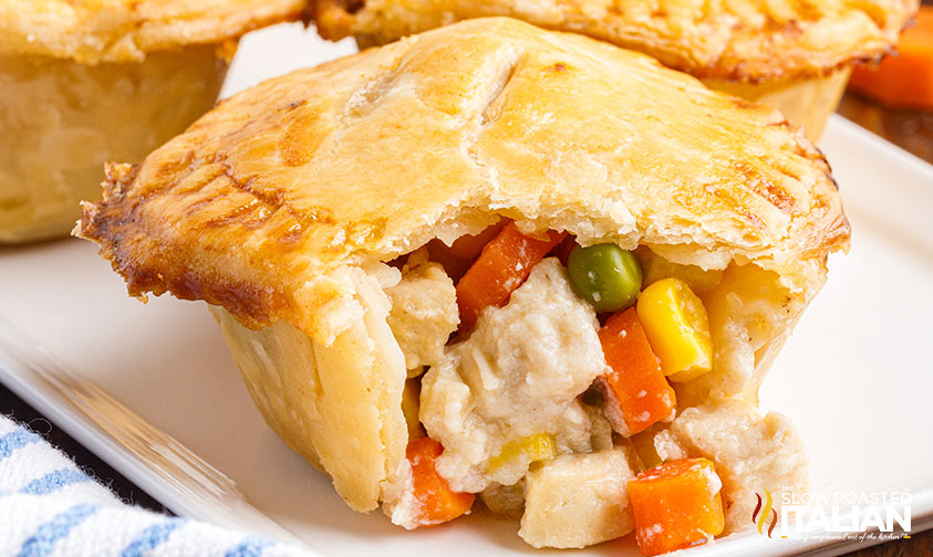 individual chicken pot pie recipe on plate.