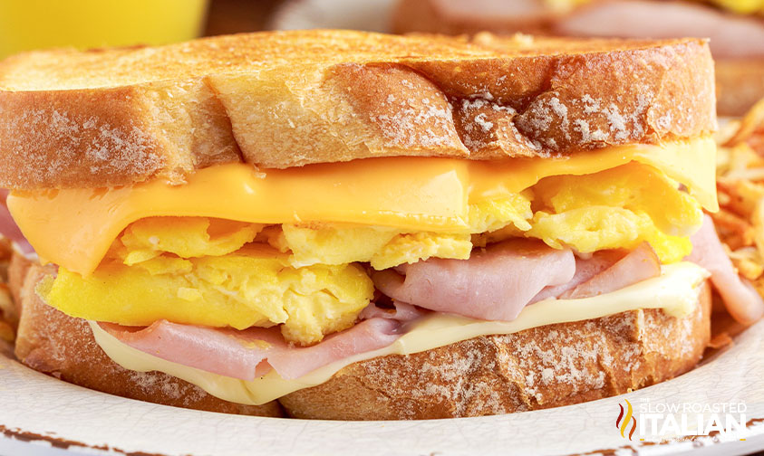 close up shot of dennys breakfast sandwich.