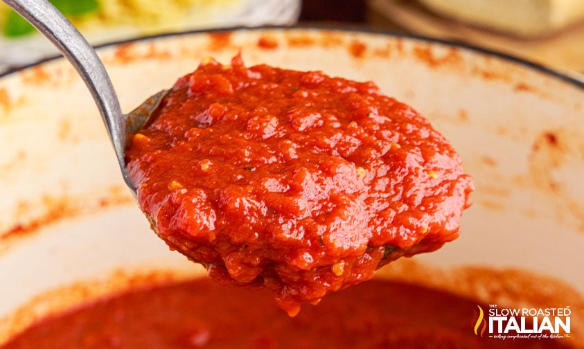 spoon of olive garden marinara sauce.