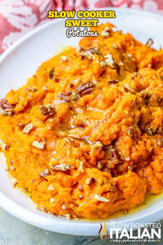 mashed sweet potatoes with pecans on top.