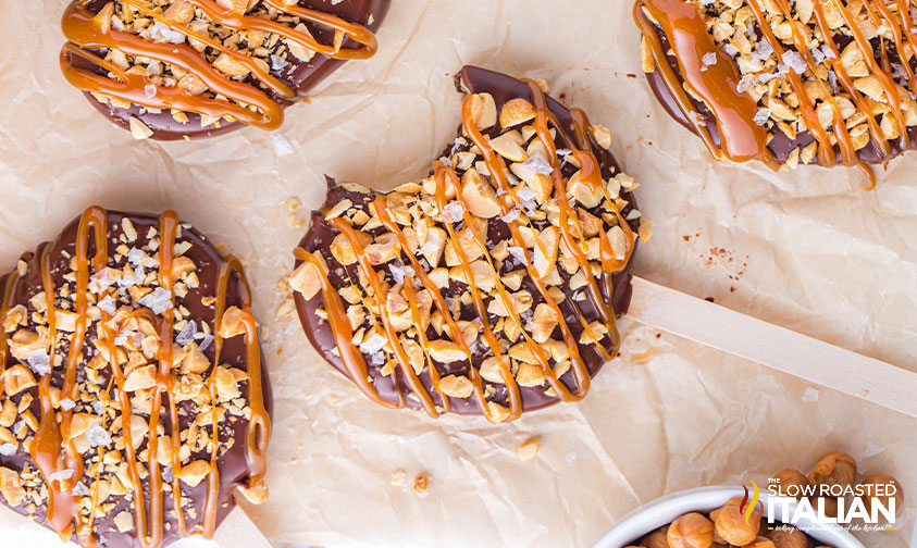 chocolate dipped apples with caramel drizzle