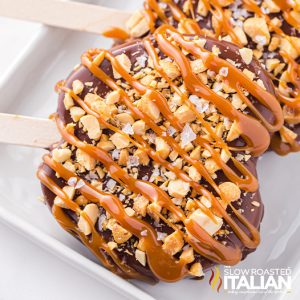 chocolate dipped apples on a stick closeup.