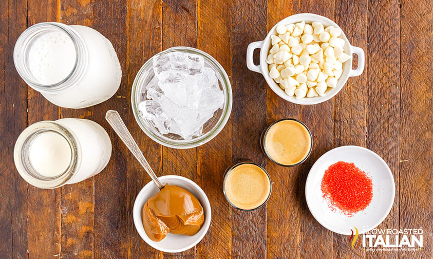 ingredients for white chocolate mocha frappuccino.