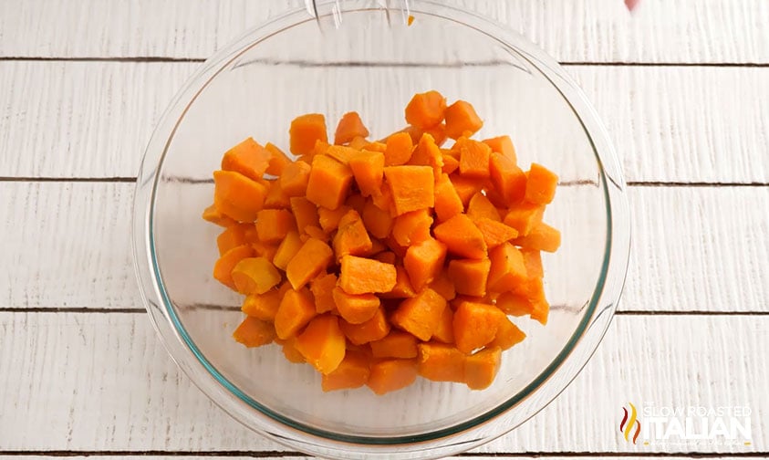 bowl of cubed sweet potatoes.
