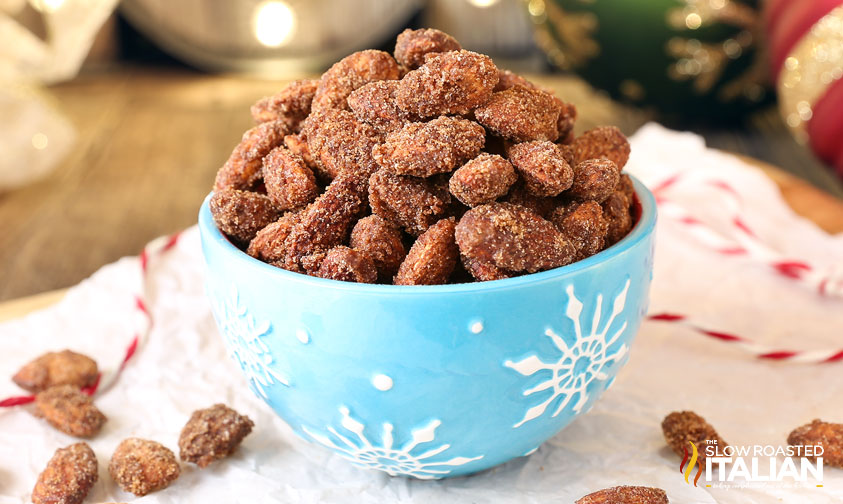 bowl of sugar coated nuts.