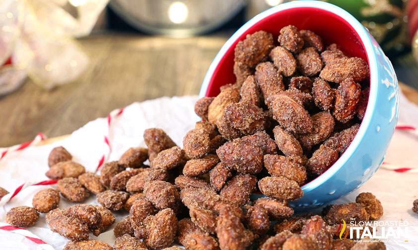 sugar coated nuts spilled out of bowl.