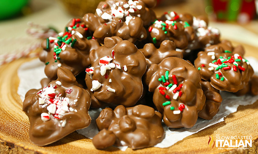 slow cooker candy with festive sprinkles.