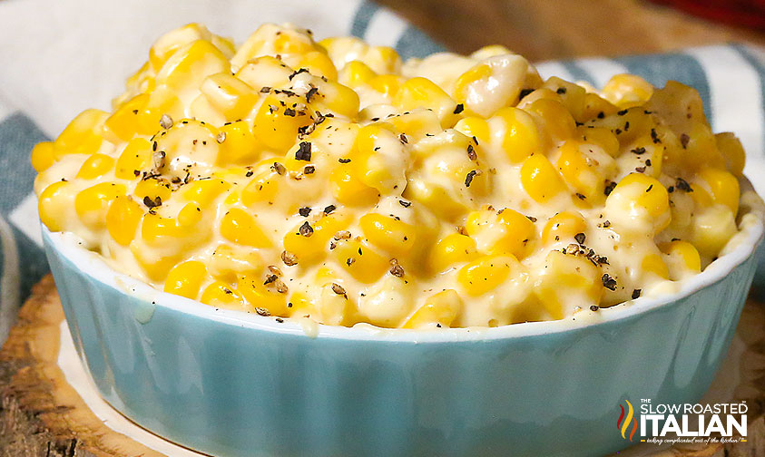 creamed corn in blue bowl.