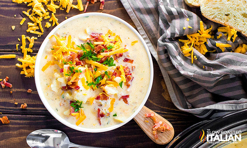 crockpot potato soup with bacon and cheese.