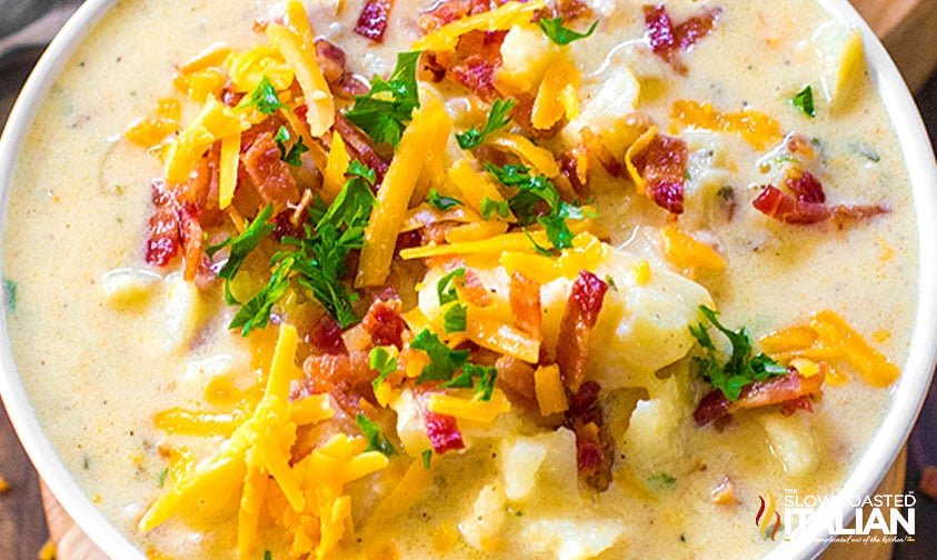 closeup of crockpot potato soup.