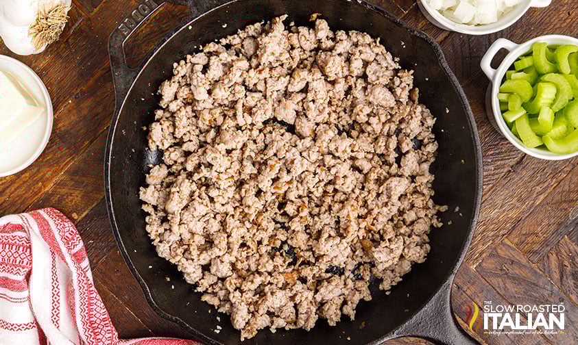 cooked sausage in skillet.