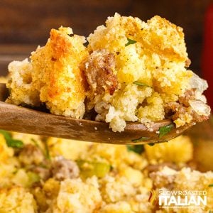 make ahead cornbread dressing closeup.