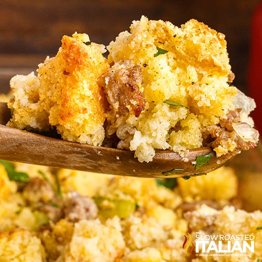 make ahead cornbread dressing closeup.