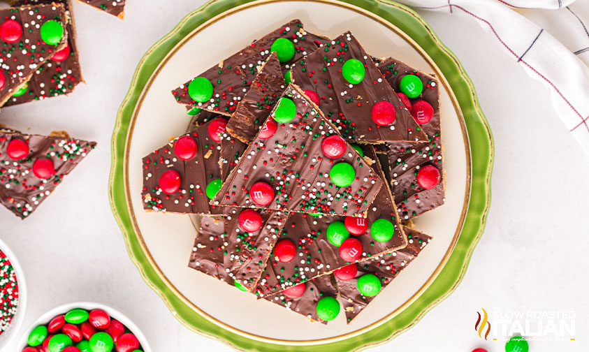 cracker toffee on festive plate.