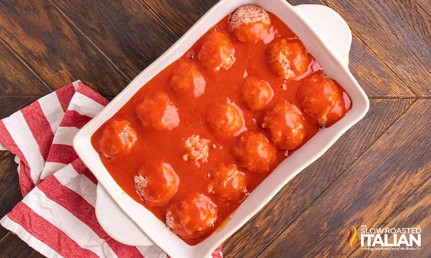 ham balls in casserole dish.