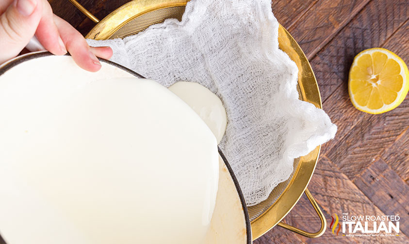 pouring mascarpone into cheesecloth