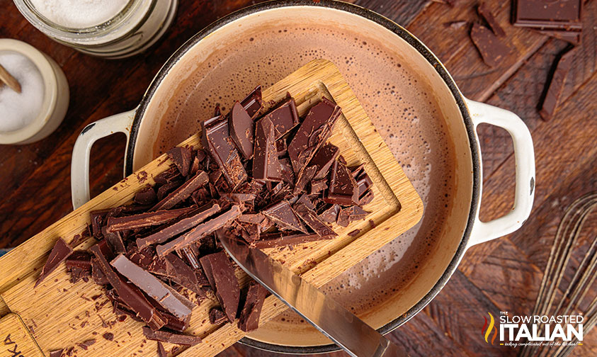 adding chopped chocolate to saucepan.