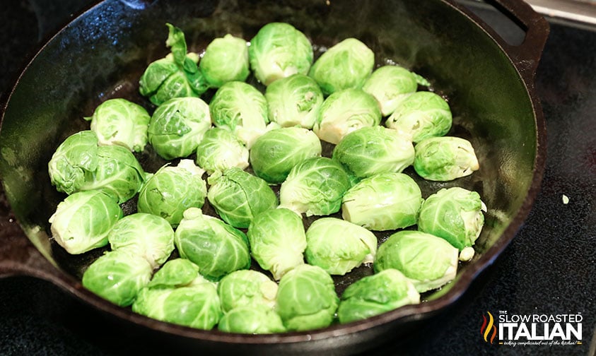 brussels sprouts in cast iron skillet.