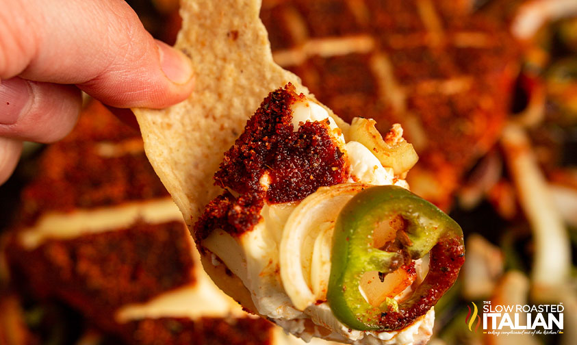 smoked cream cheese dip on tortilla chip.