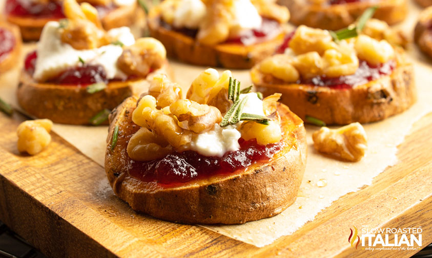 sweet potato appetizer on wood board