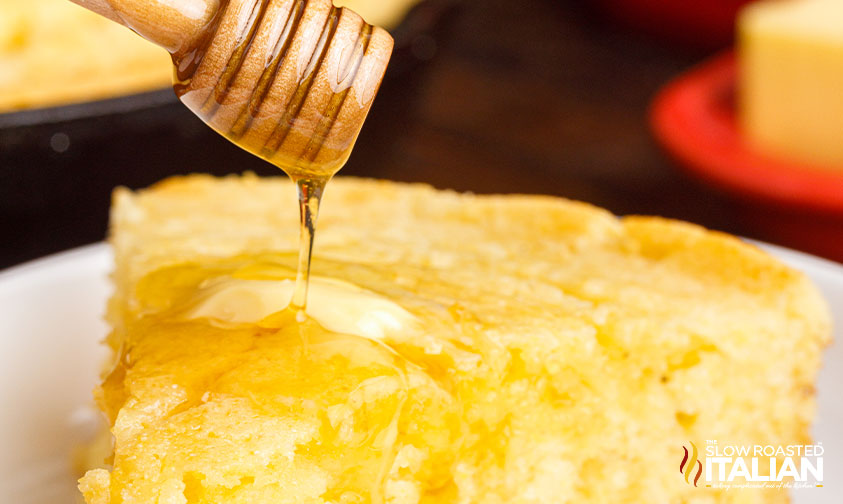 buttermilk cornbread with honey drizzle.