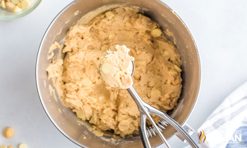 macadamia nut cookie dough in scoop.