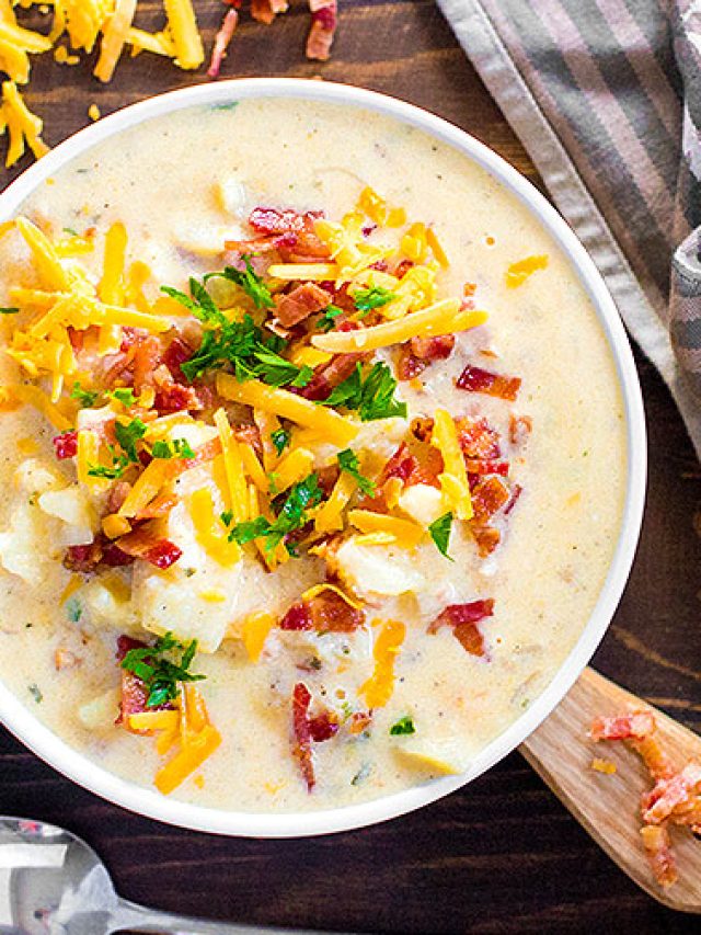 crockpot potato soup with bacon and cheese.