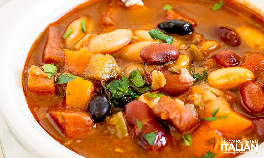 closeup of 15 bean soup in a bowl.