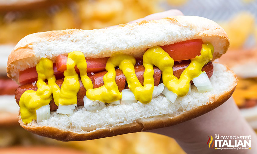 hot dog in bun with toppings
