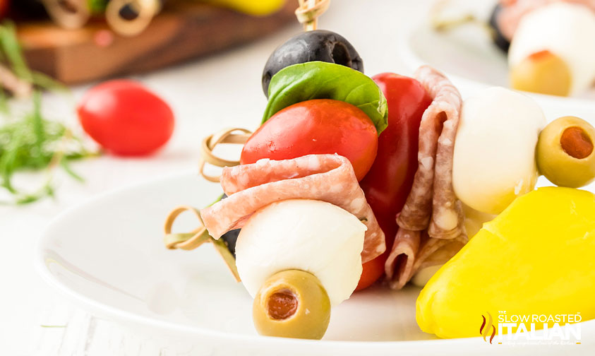 antipasto skewers on a plate