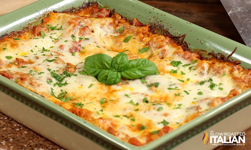 Italian sausage lasagna in baking dish.