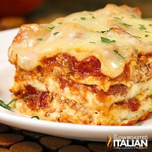 sausage lasagna closeup.