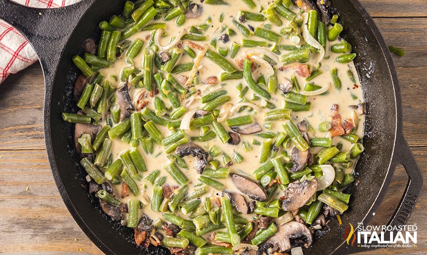 green bean casserole in skillet.