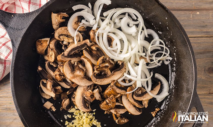 mushrooms, onions and garlic in a skillet.