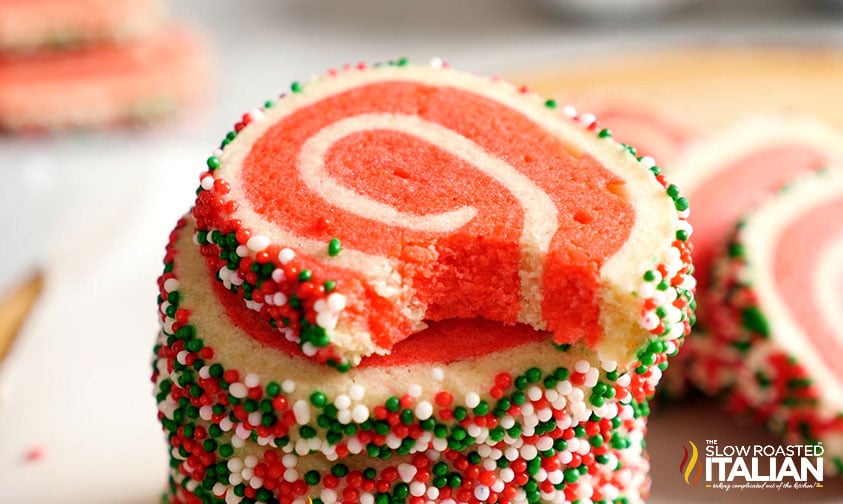 Christmas pinwheel cookies stacked.