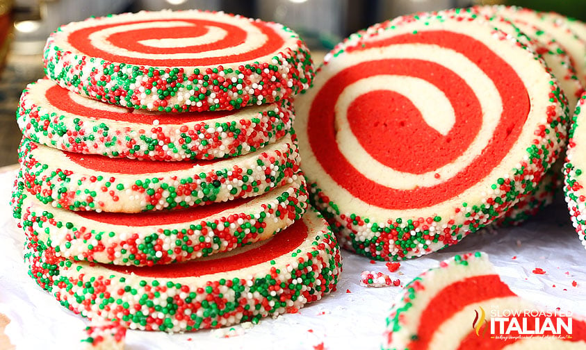 close up of pinwheel christmas cookies.