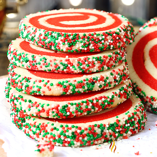 stack of Christmas pinwheel cookies.