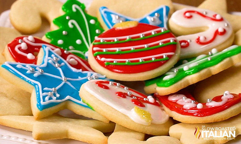 stack of decorated christmas sugar cookies.