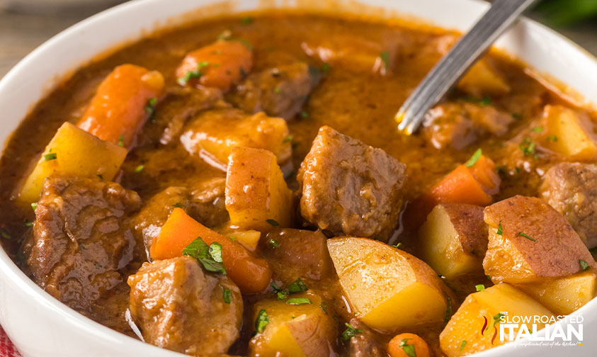 stovetop beef stew in a bowl.