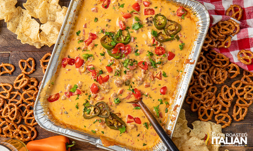 smoked queso in aluminum pan.