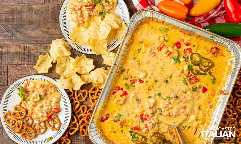 smoked queso with chips and pretzels.