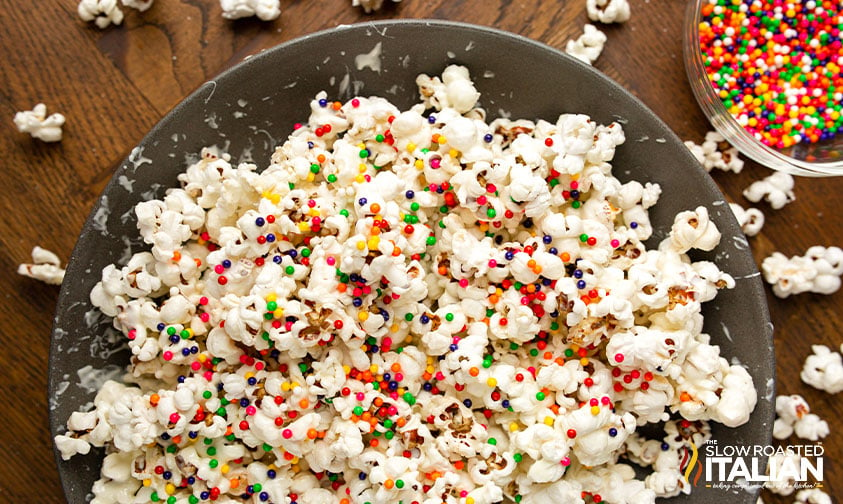 bowl of white chocolate popcorn.