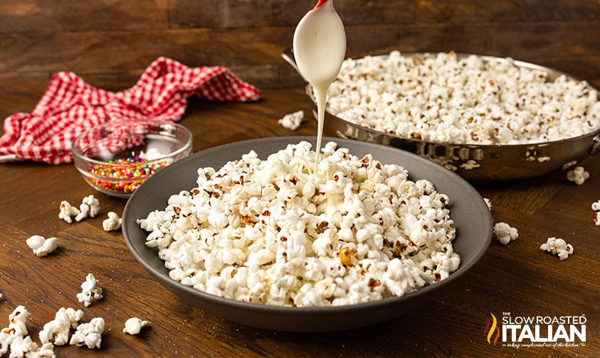 drizzling white chocolate on popcorn.