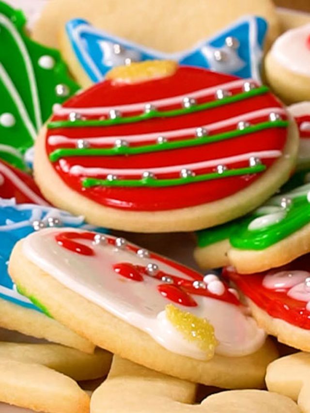 stack of decorated christmas sugar cookies.